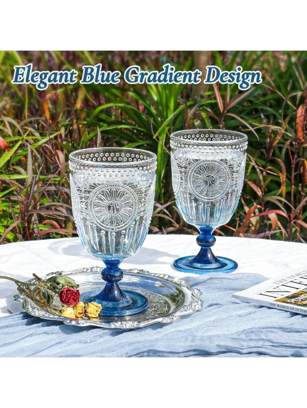12-Piece 13.5 oz Blue Plastic Wine Glasses Embossed Reusable Goblets